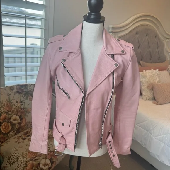 Understated Leather Pink Zipper Belted Collared Biker Jacket Women’s XS - Picture 6 of 13